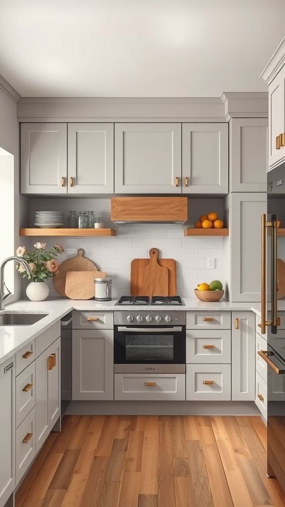 Stylish kitchen featuring light gray cabinets and natural wood accents.