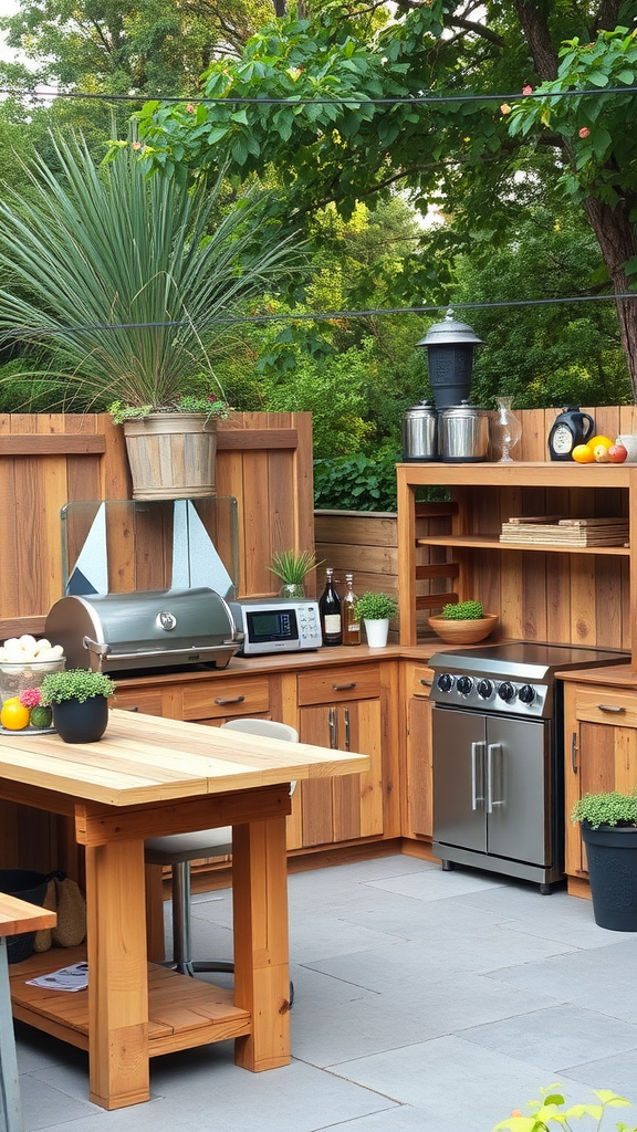 Outdoor kitchen featuring pallet wood decor with a grill and various appliances.