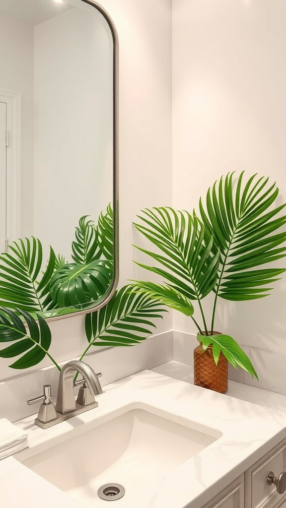 A bathroom sink with palm leaf accents in a vase, featuring a mirror and modern fixtures.