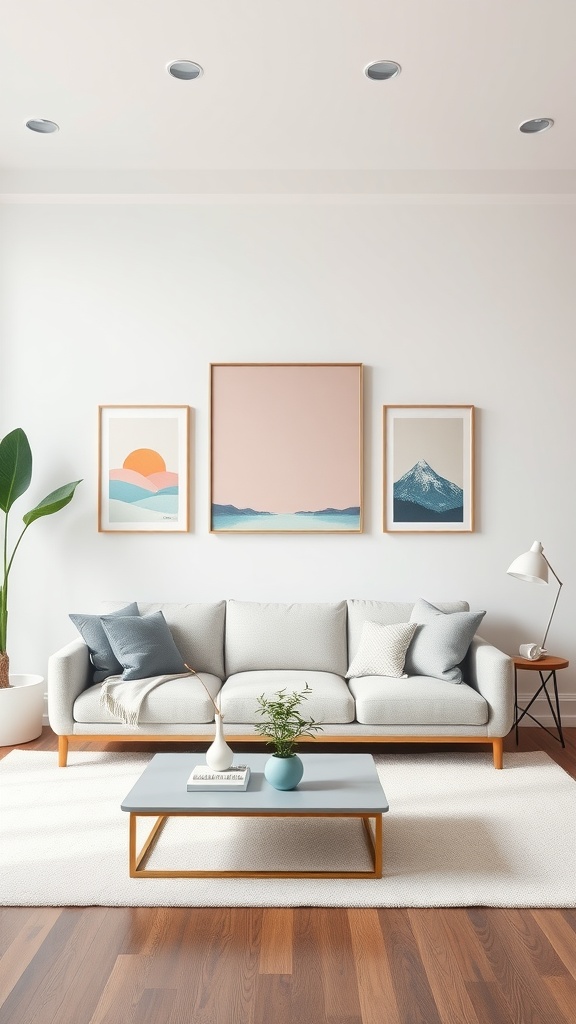 A pastel-themed living room with artwork displayed on the walls, featuring soft colors and a cozy atmosphere.