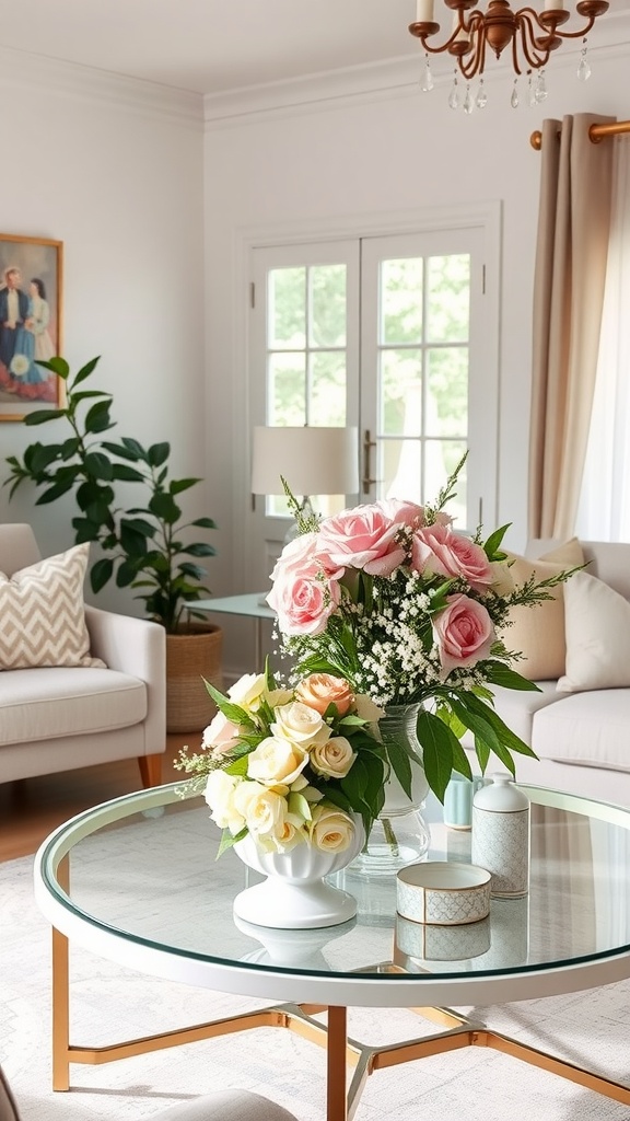 A cozy living room with pastel floral arrangements in a glass vase on a coffee table.