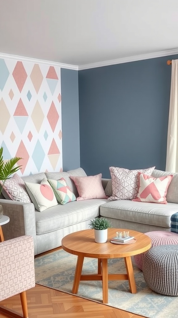 A cozy living room featuring pastel geometric patterns on the wall and colorful cushions on the couch.