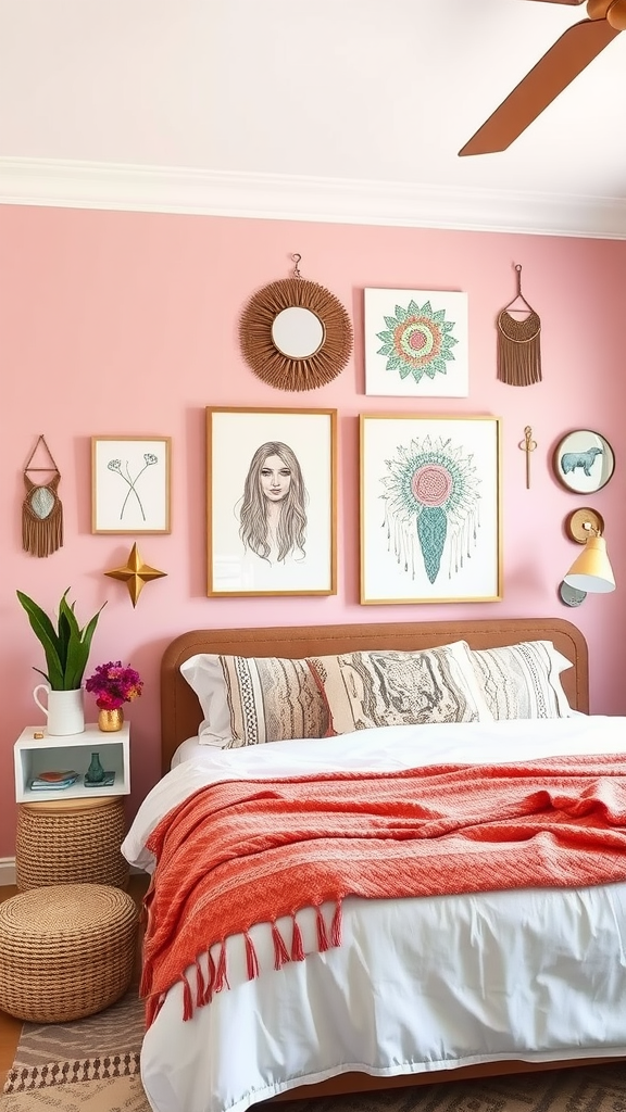 A cozy bedroom featuring a pastel pink accent wall adorned with various framed artworks and colorful decorative elements.