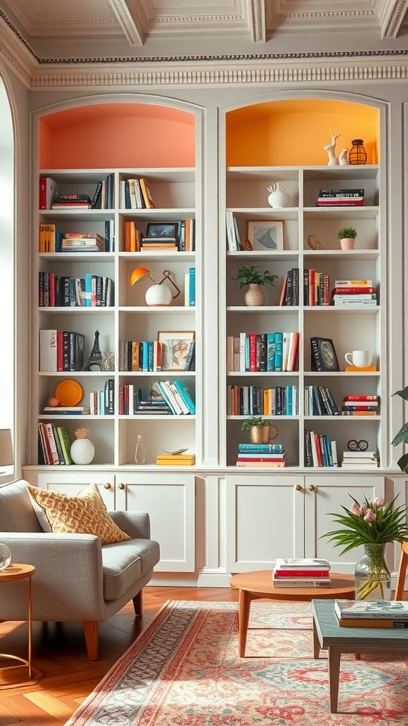 A pastel-themed bookshelf featuring colorful books and decorative items.