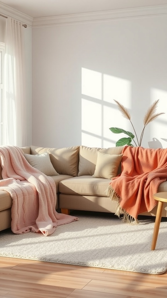 Cozy living room with pastel throw blankets on a couch