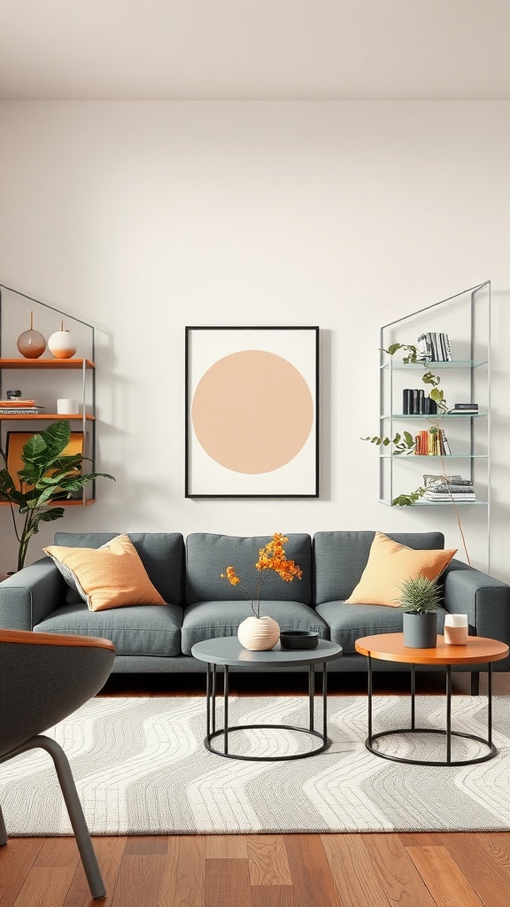 A stylish living room featuring peach decorative accents with a gray couch, peach pillows, and peach-themed artwork.