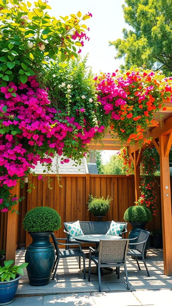 A beautiful pergola decorated with colorful climbing plants, featuring a seating area with a table and chairs.