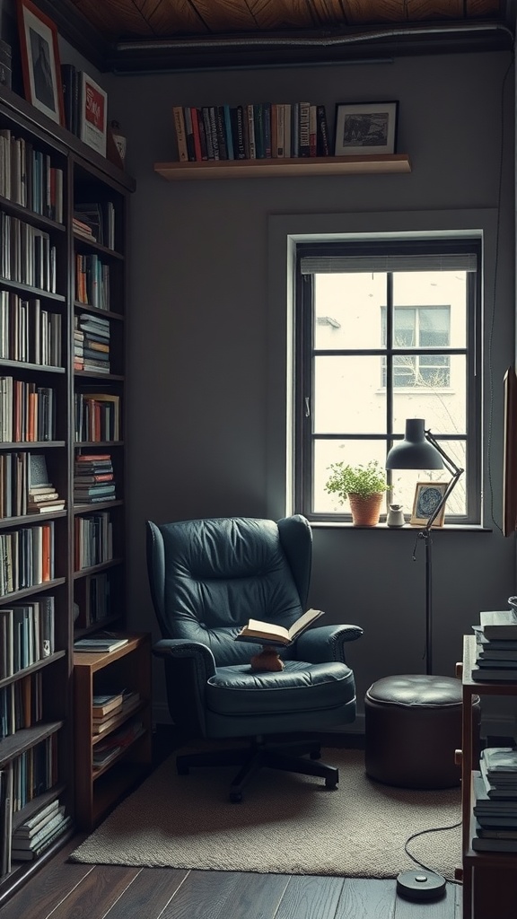 Cozy personal library corner with a chair, bookshelves, and a window.