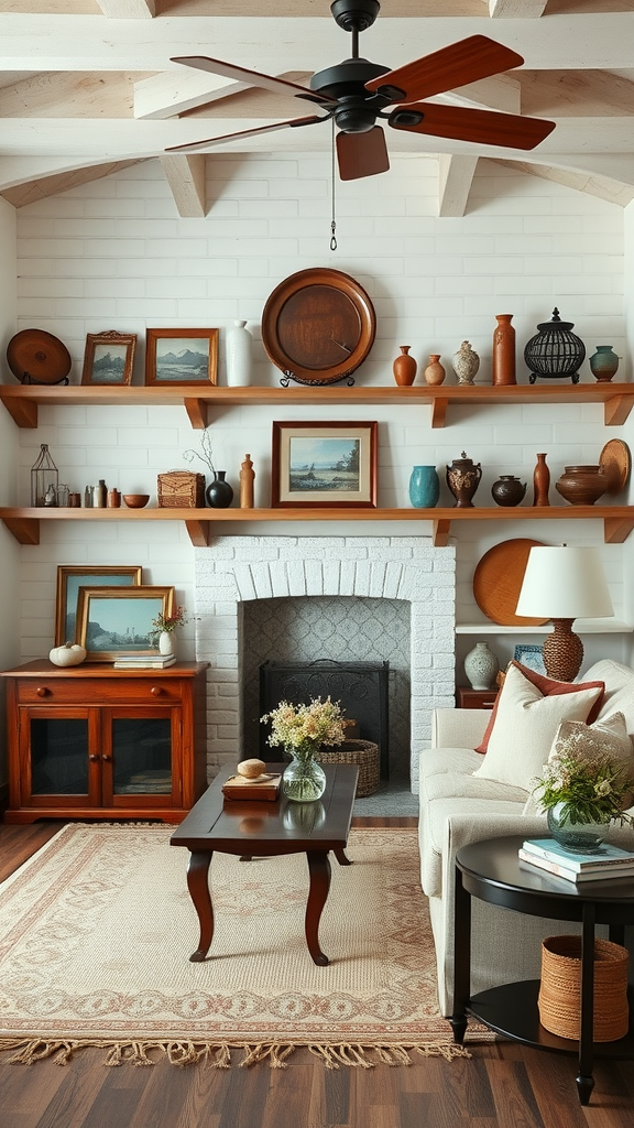 Rustic French country living room decor featuring family heirlooms and warm furnishings.