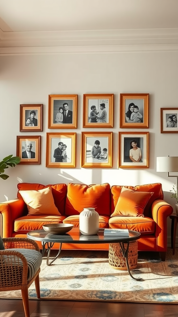 A cozy living room featuring a bright orange sofa, a round coffee table, and a wall adorned with framed black and white family photos.