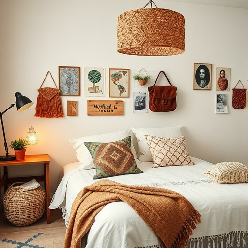 A cozy bedroom featuring various travel souvenirs and decorations on the walls.