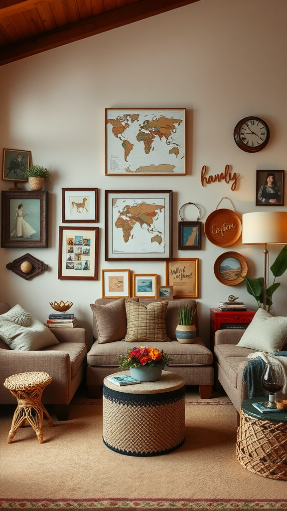 Cozy eclectic living room with personalized decor, including framed photos and a map.