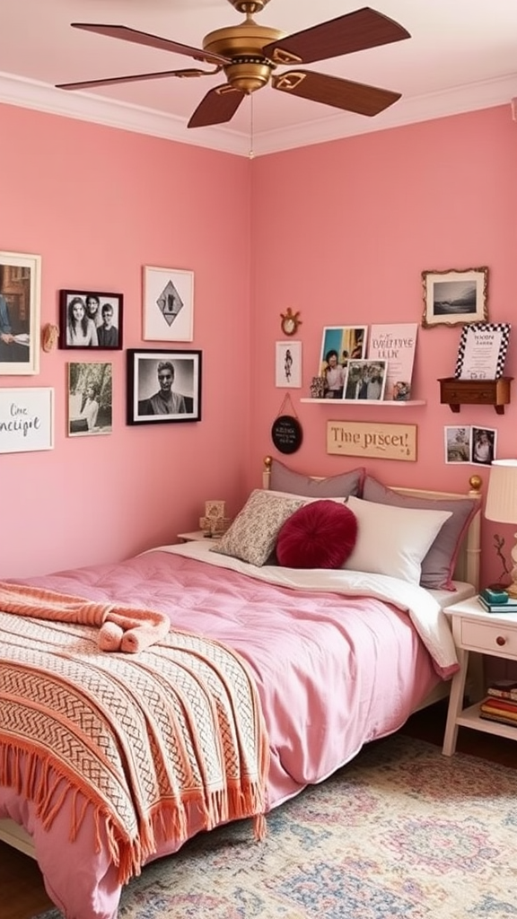 A cozy bedroom with pink walls, a bed with a pink cover, decorative pillows, and framed photos on the wall.