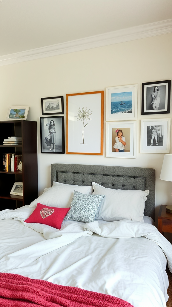 Aesthetic men's bedroom featuring personalized art displays on the wall.