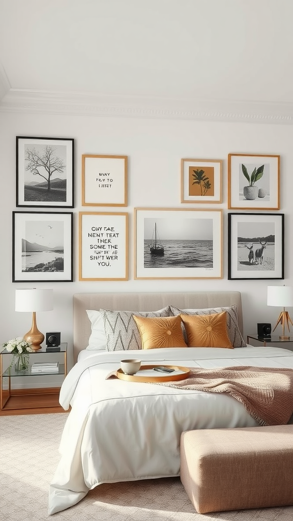 A beautifully designed master bedroom featuring personalized artwork displays.