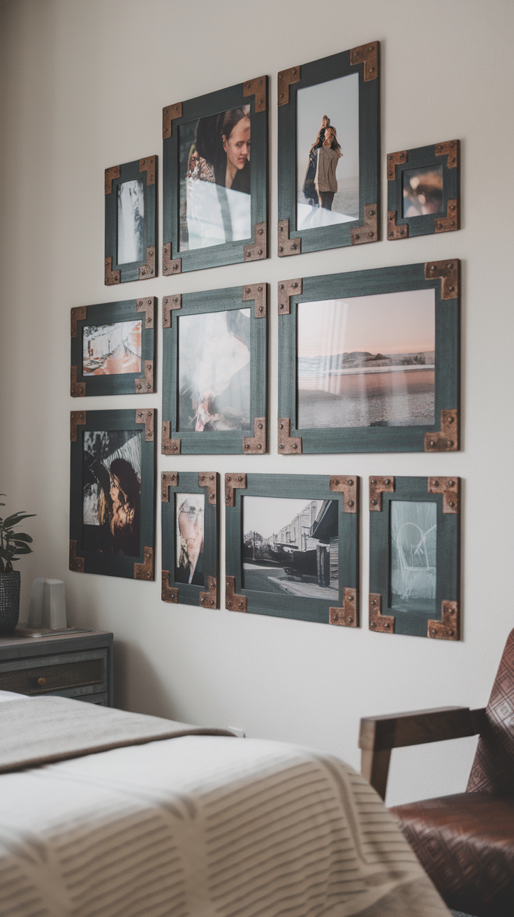 A wall filled with personalized black photo frames showcasing various images.