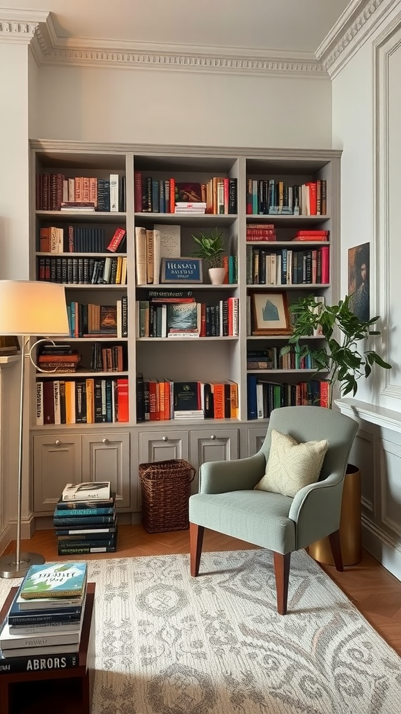 A stylish Parisian living room featuring a cozy reading corner with a chair, bookshelf, and side table.