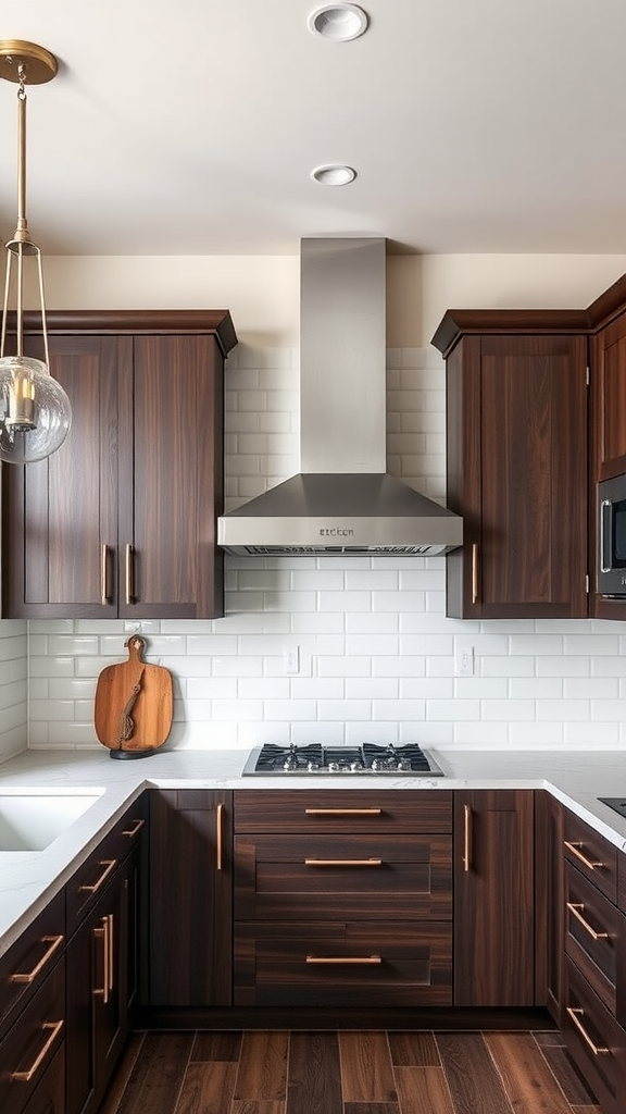 A modern kitchen featuring espresso cabinets, a stainless steel hood, and a gas stove.