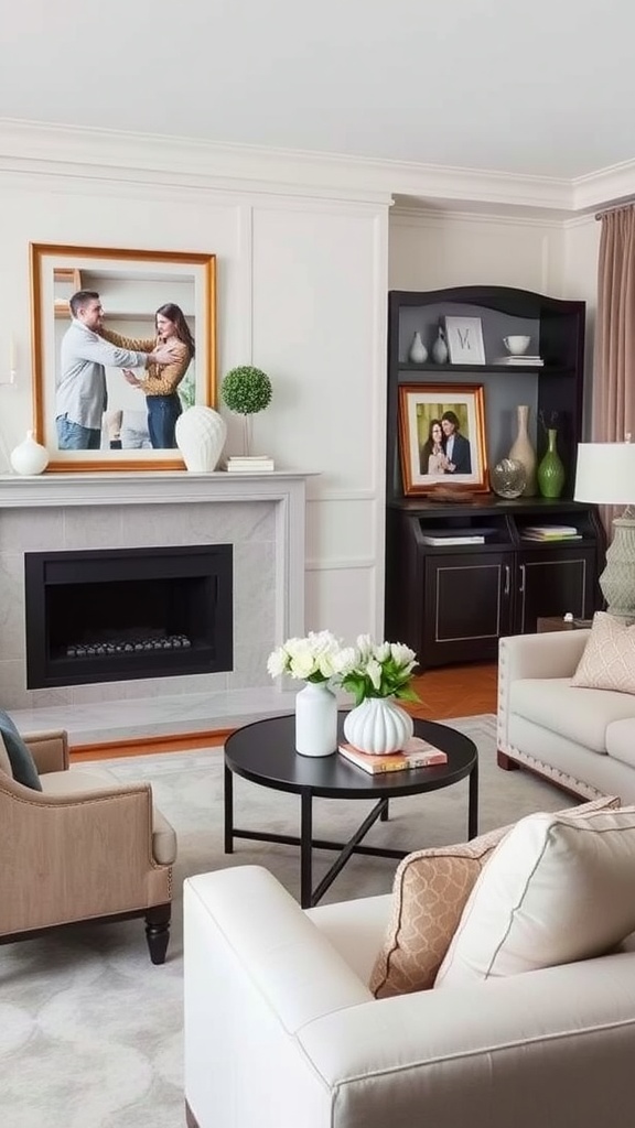 A stylish living room featuring personalized decor accents such as family photos and unique vases.