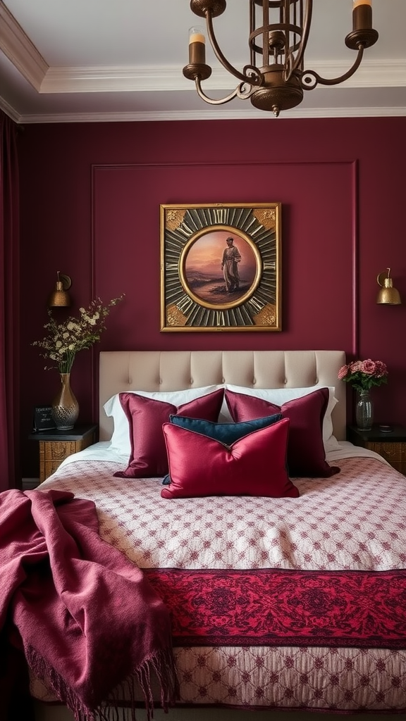 A luxurious burgundy bedroom featuring elegant decor elements.