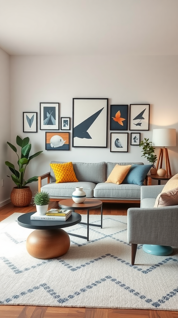 A cozy living room with framed bird art, a gray sofa, and vibrant decorative pillows.