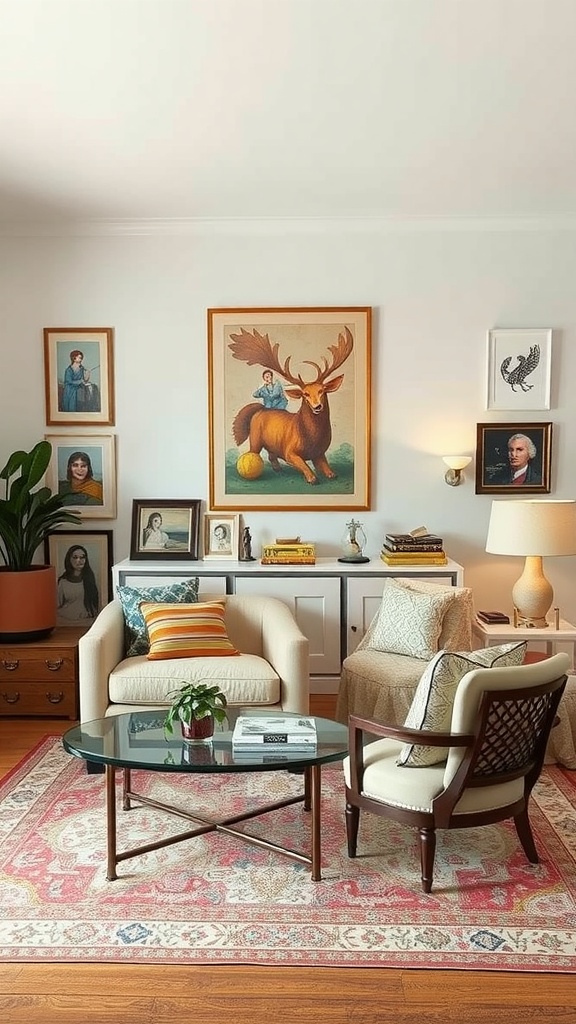 Cozy living room with personalized decor, featuring art, photographs, and comfortable seating.