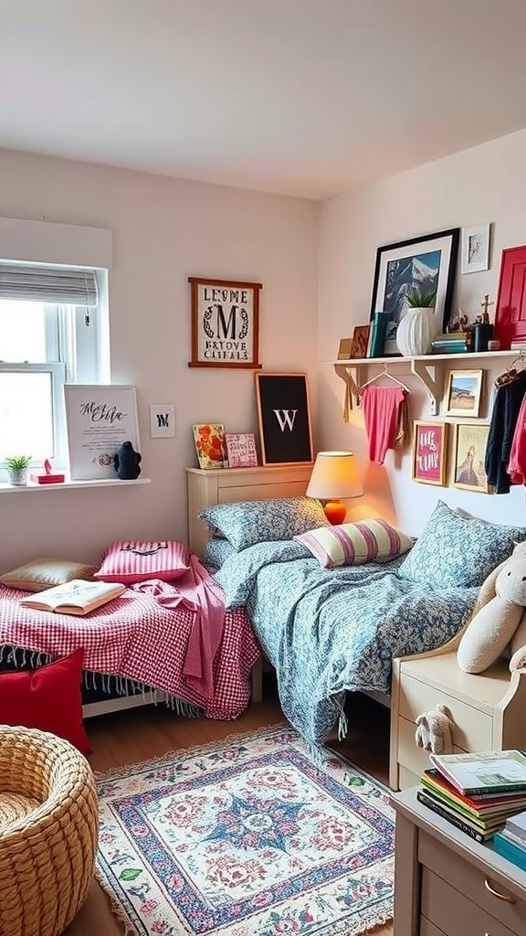 A cozy dorm room with personalized decor, featuring warm colors, art, and comfortable bedding.