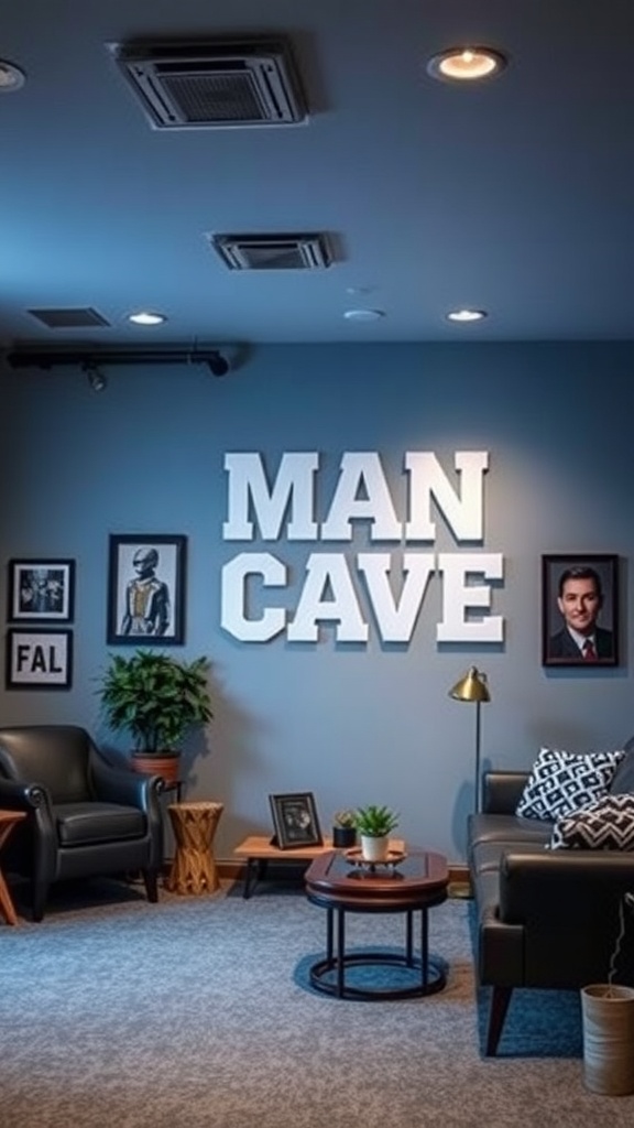 A stylish man cave featuring bold decor elements.