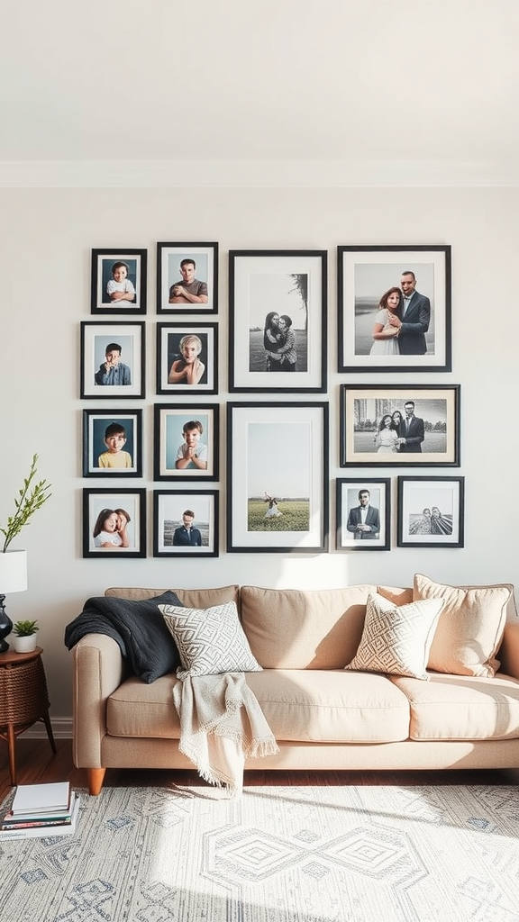 Cozy living room with a personalized family gallery wall featuring framed photos