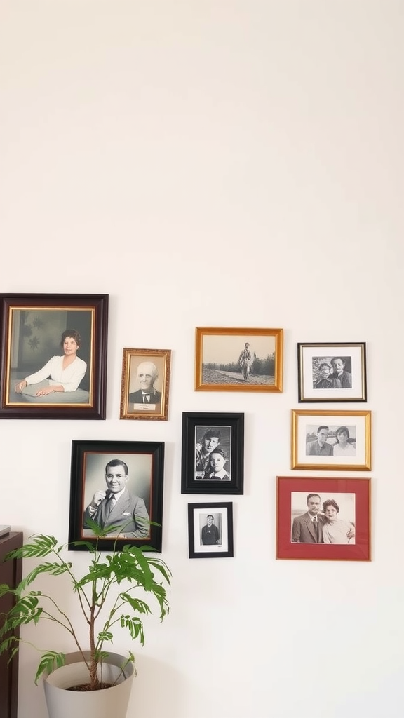 A collection of framed family photos on a wall.