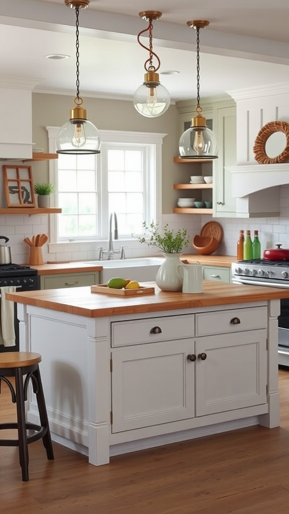 A cozy farmhouse kitchen with a wood-topped island and modern lighting.