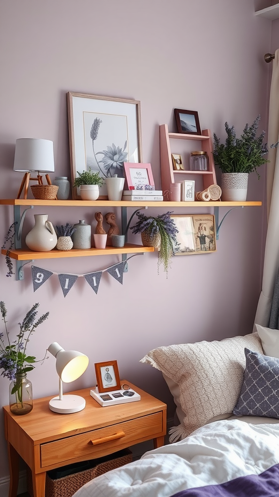 A cozy room featuring personalized gallery shelves with decorative items, photos, and a bedside table.