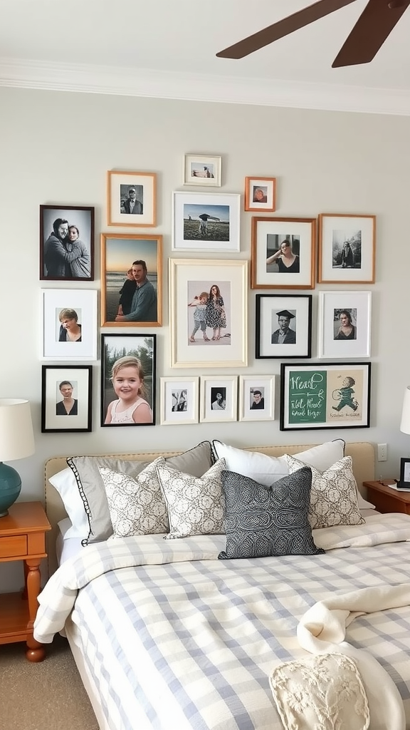 A cozy bedroom featuring a personalized gallery wall with various framed photos above the bed.