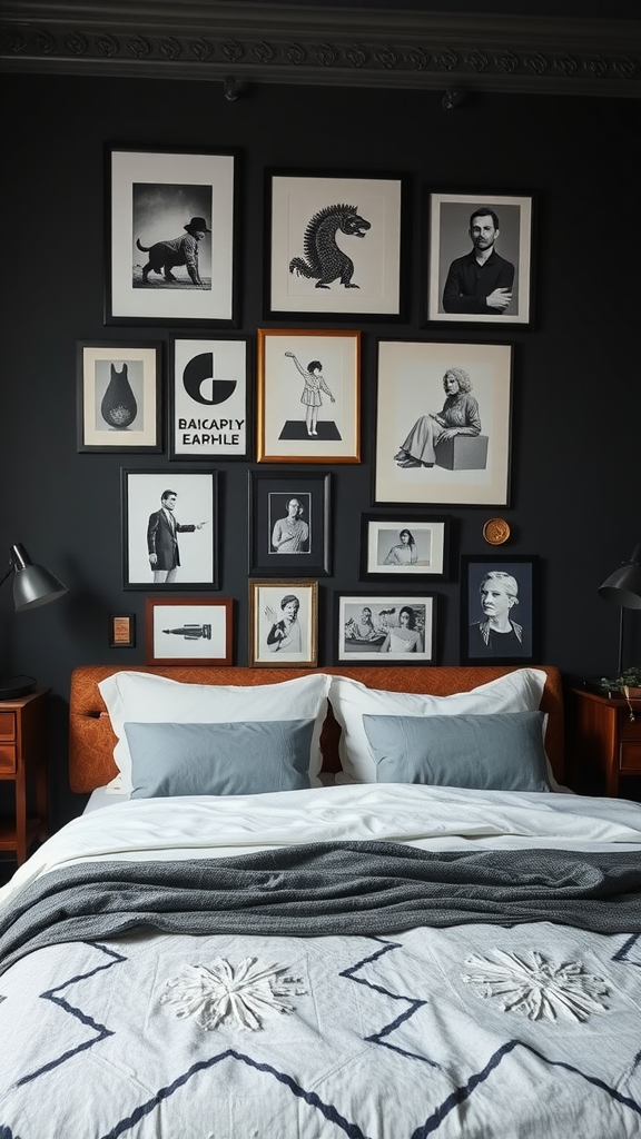 Gallery wall featuring dark frames with a variety of artworks above a bed