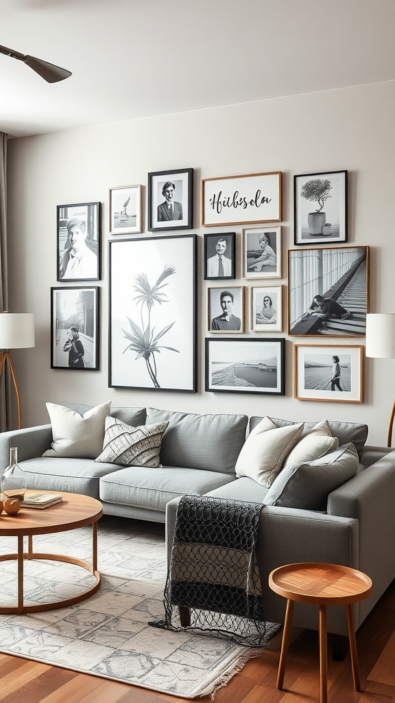 A cozy living room featuring a gallery wall with various framed black and white photos and art.