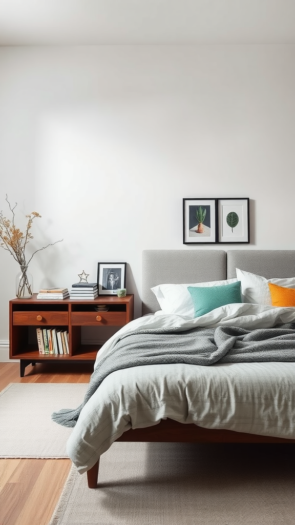 A minimalist bedroom featuring a bed with soft pillows, a cozy throw, and a wooden nightstand with decorative items.