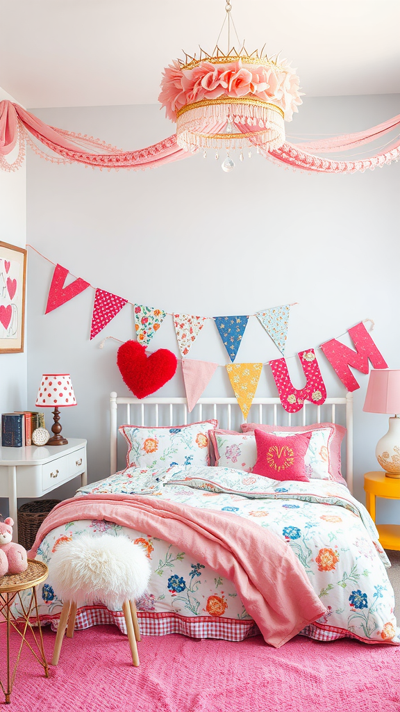 Colorful personalized name banner hanging in a stylish bedroom