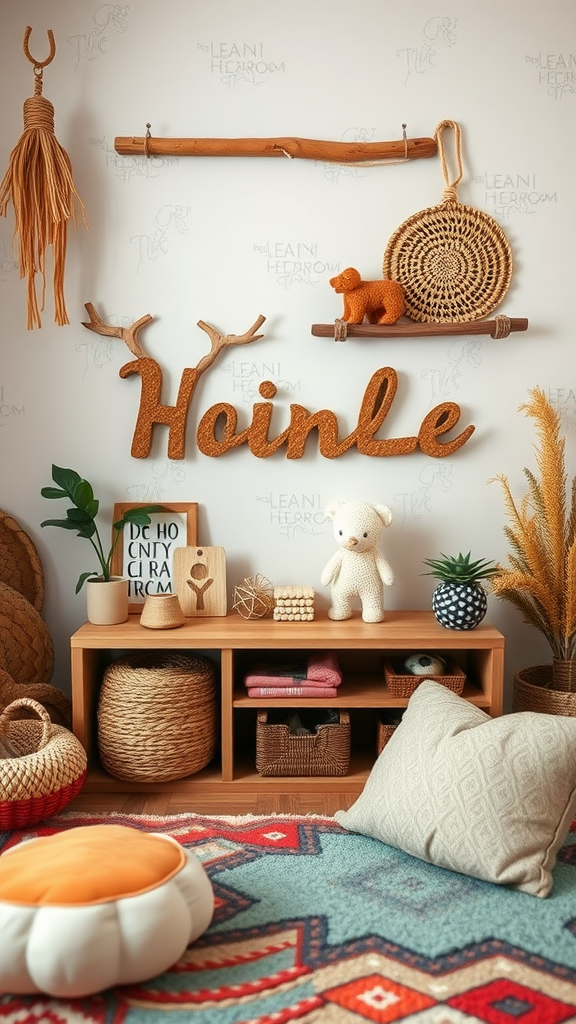 A cozy boho playroom featuring personalized name decor and various playful elements.