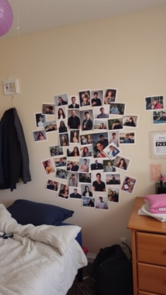 A wall decorated with a collage of photos in a dorm room.