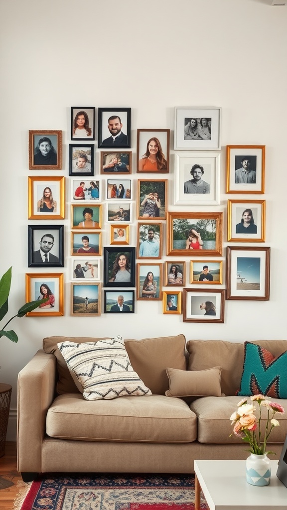 A personalized collage of various framed photographs on a living room wall.