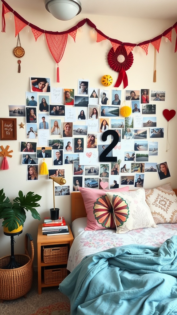 A colorful personalized photo wall with various pictures, decorations, and a cozy bed setup.