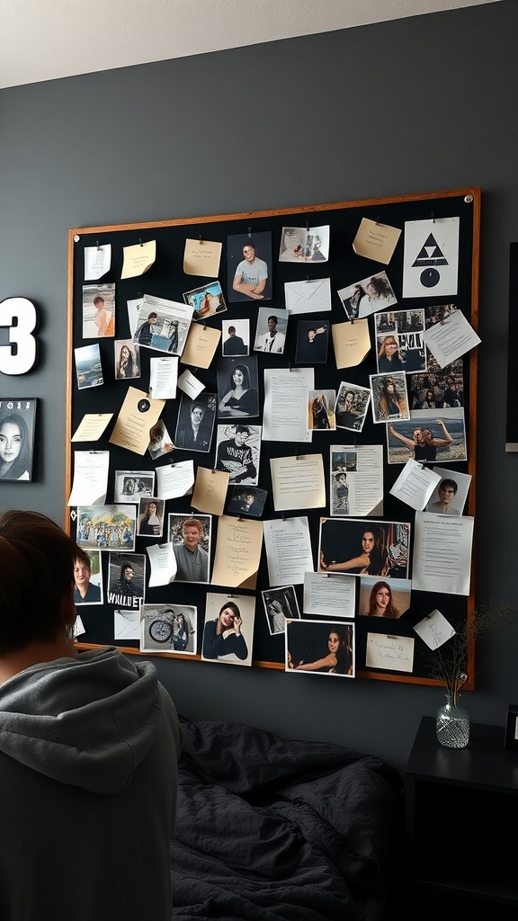 A personalized pinboard filled with photos, notes, and mementos in a black dorm room.