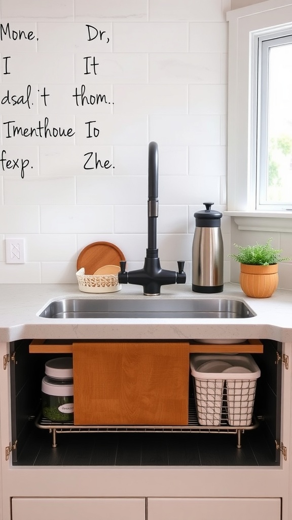 A modern farmhouse kitchen sink with personalized accessories