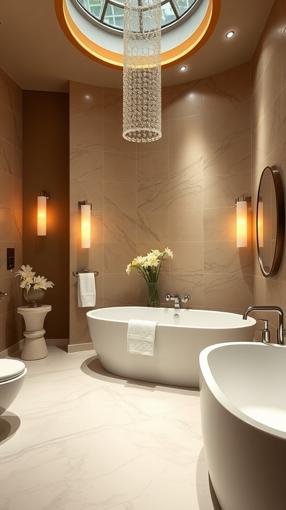 Modern luxury bathroom with a soaking tub, marble walls, and elegant lighting.