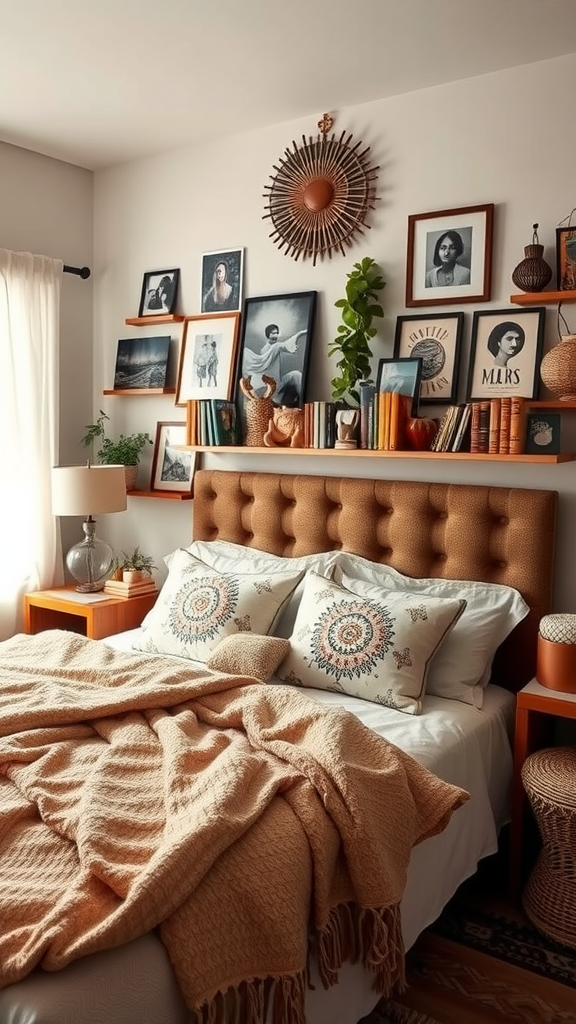 A cozy bedroom with a tufted headboard, decorative pillows, and an art-filled wall