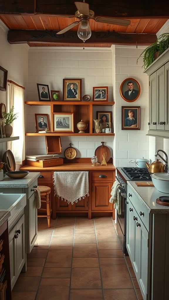 A cozy old-world kitchen with wooden shelves displaying family portraits and vintage decor.