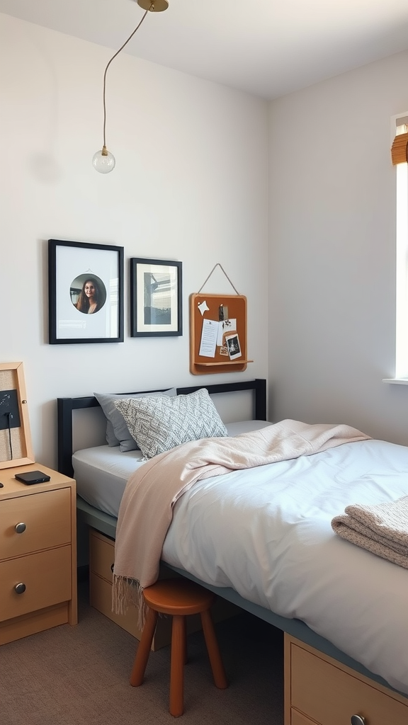 A minimalist dorm room featuring a bed with decorative pillows, framed photos on the wall, and a cozy throw blanket.