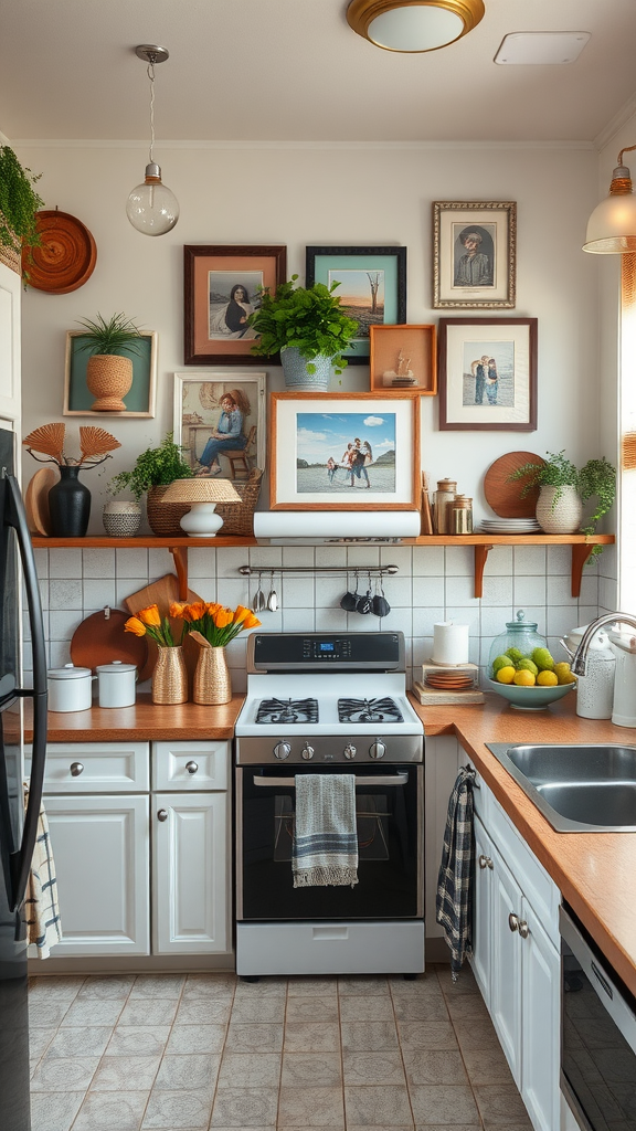 A cozy kitchen featuring unique decor, family photos, and plants, creating a personalized atmosphere.