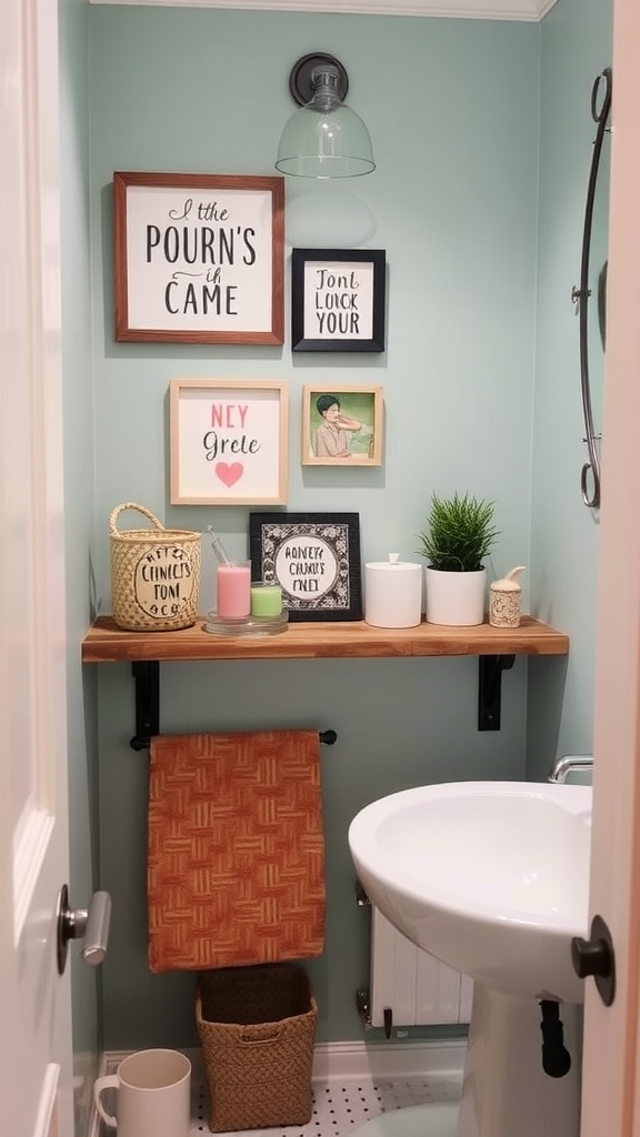 A stylish small bathroom decorated with framed art, plants, and a warm color scheme.