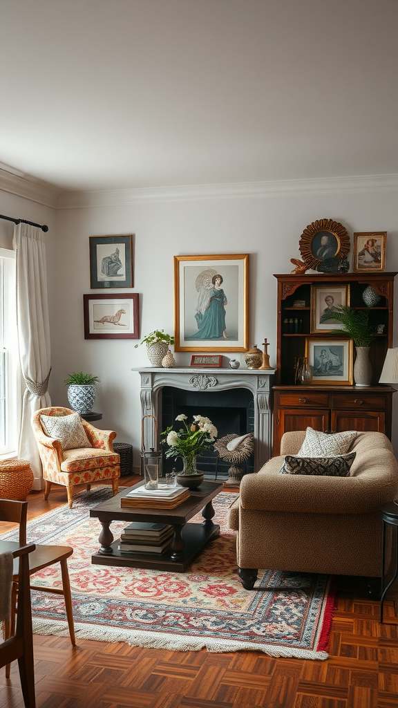 Cozy living room with vintage furniture and family heirlooms